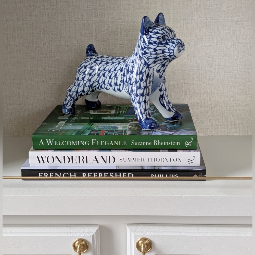 Andrea by Sadek Blue & White Fishnet Pattern Hand-painted Ceramic Dog - Like New